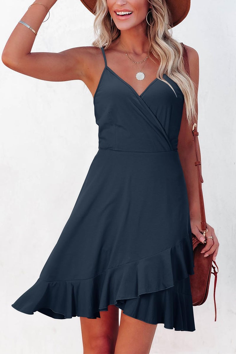 ULTRANICE Navy Blue Summer Dress Womens Spring 2025 Trendy Casual Wrap Flowy V Neck Adjustable Spaghetti Outfits Clothes Wedding Semi Formal Evening Party Graduation Midi Sun Dresses(Navy,M) - Image 4